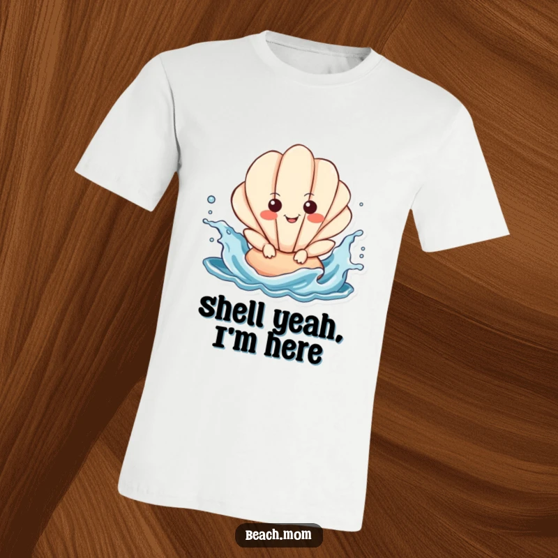 Funny Seashell T-Shirt: a smiling seashell character having a blast splashing joyfully in bright blue ocean waves.