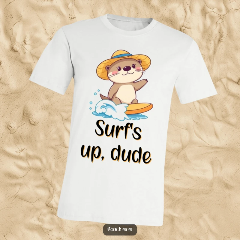 Funny sea otter t-shirt, wearing a sun hat, expertly surfing a small wave, showcasing a cool and playful beachside attitude.