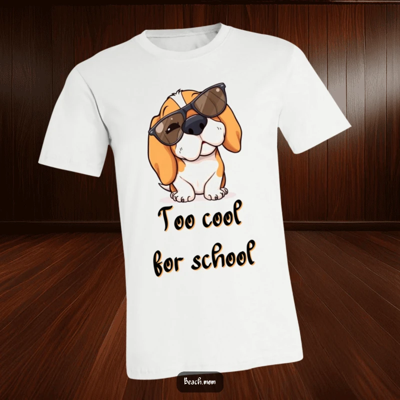 Funny Basset Hound t-shirt featuring a dog winking slyly with stylish sunglasses perched on its nose.