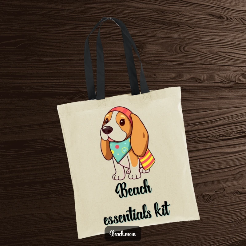 Funny Basset Hound tote bag featuring a bandana-wearing dog ready for the beach with a small beach bag accessory.