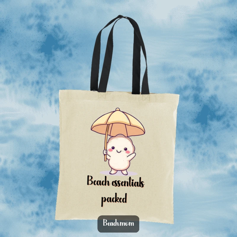 Funny smiling seashell tote bag with a beach umbrella, perfect for carrying beach essentials, a stylish and humorous accessory.