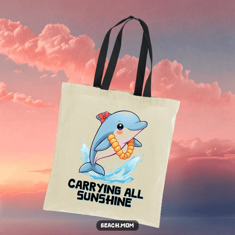 Funny Dolphin Tote Bag: A lei-wearing dolphin joyfully leaps from a blue water splash, ready to carry your items with humor.