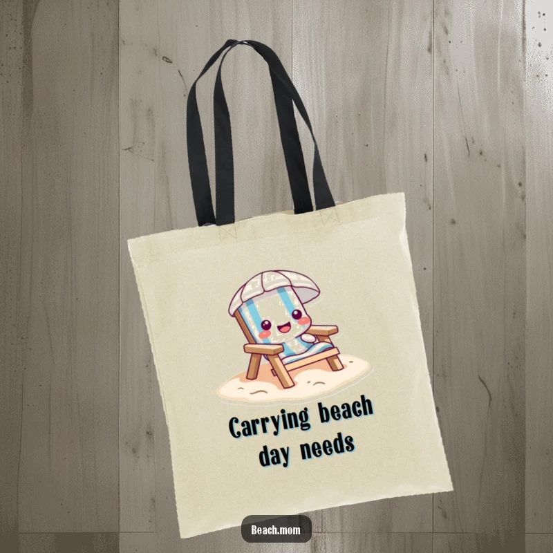 Funny beach chair tote bag, cartoon character happily sinking into soft sand, a symbol of effortless relaxation.