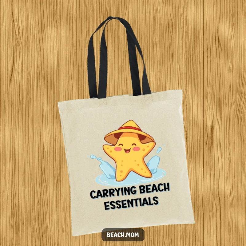 Funny starfish tote bag showing a cheerful character in a sunhat splashing water, a humorous and practical accessory for beach trips.