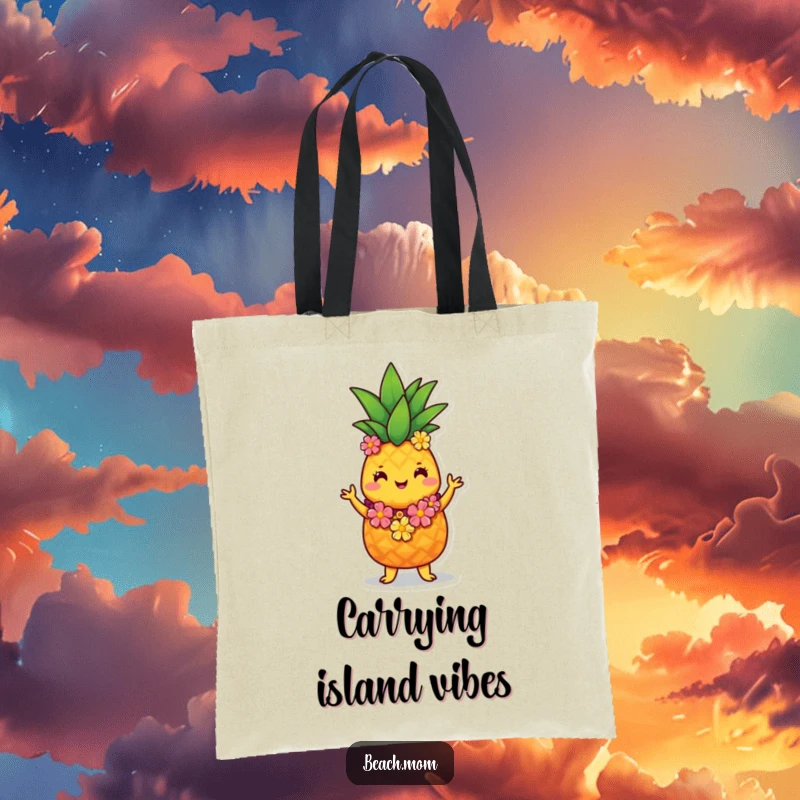 Funny pineapple hula tote bag featuring a cute pineapple character in a lei, ready to carry your items with tropical flair.