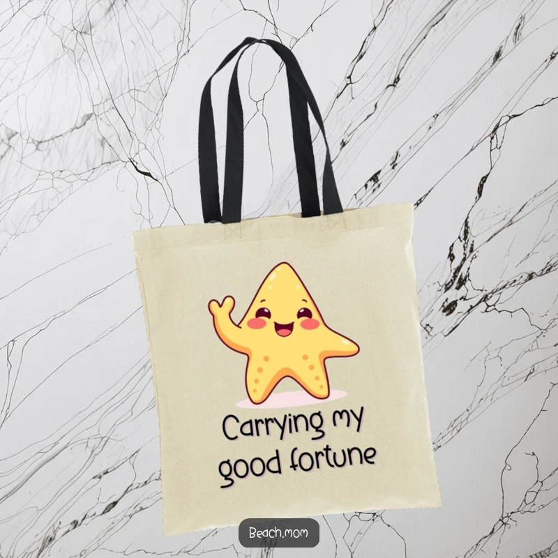 Funny happy starfish tote bag with a waving tentacle, perfect for carrying beach essentials, a stylish and humorous accessory.