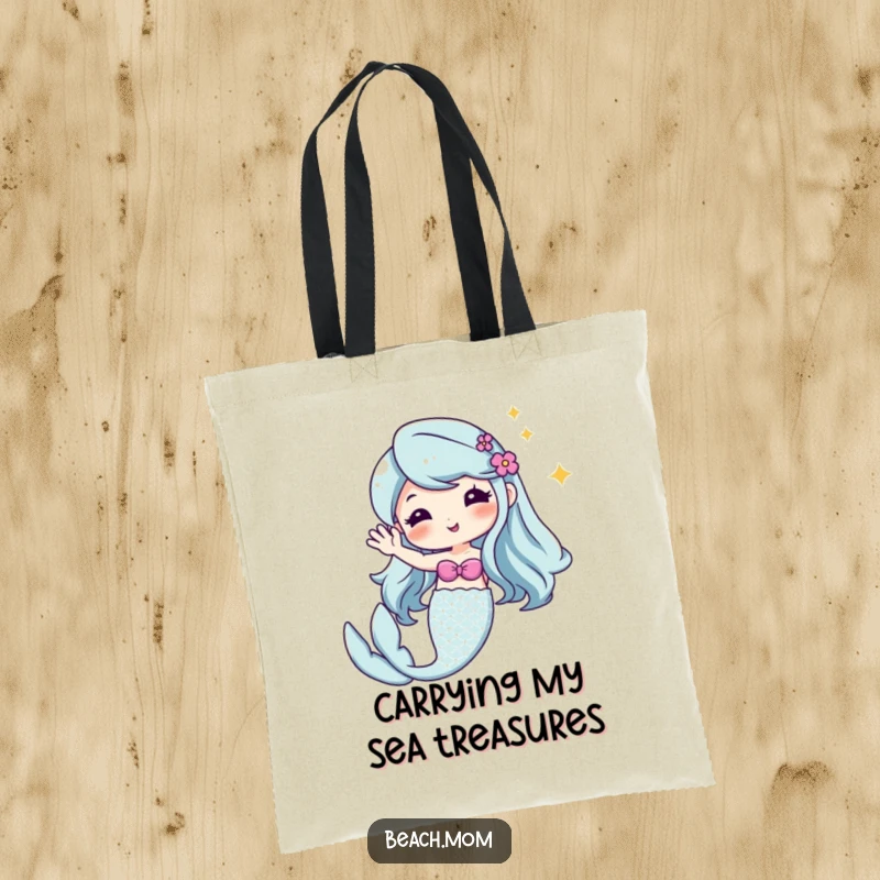 Funny Kawaii mermaid tote bag, cute cartoon creature with a sparkly tail, waving a friendly hello, beach essential.