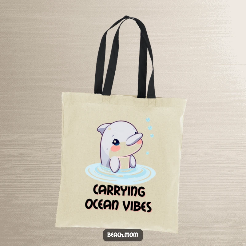 Funny dolphin bubble tote bag, showing a happy dolphin blowing bubbles from the water, for carrying belongings.
