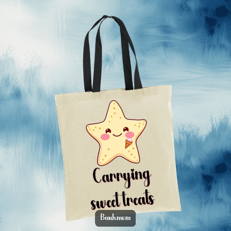 Funny Starfish Ice Cream Tote Bag: A durable tote showing a smiling starfish with a tiny ice cream cone, ideal for funny treat runs.