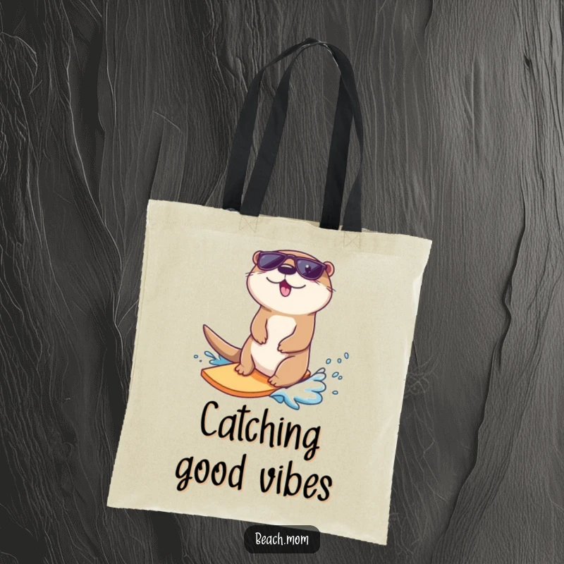 Funny otter tote bag, a cool otter wearing sunglasses surfs a wave, ideal for beach trips.