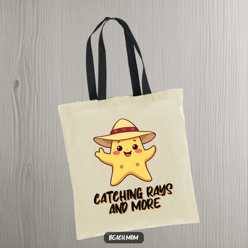 Funny Starfish Tote Bag: A smiling starfish wearing a sun hat, waving, great for beach essentials.