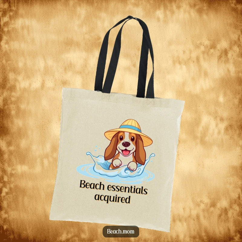 Funny Basset Hound tote bag depicting a dog in a sun hat joyfully splashing in a small wave, great for beach days.