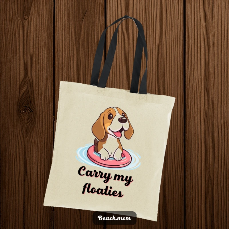 Funny Basset hound tote bag with a dog in floaties excitedly paddling, perfect for carrying water day essentials.