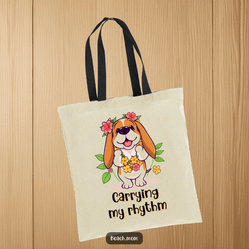 Funny Basset Hound tote bag with a dog sporting a leis and hilariously failing at a hula dance.