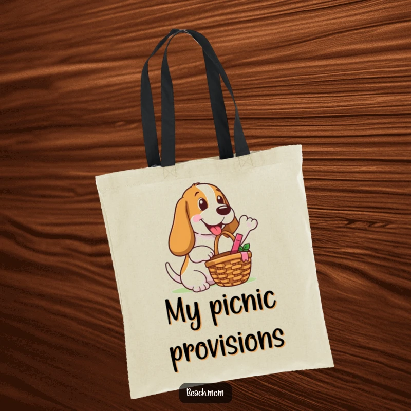 Funny Basset Hound tote bag showcasing a dog with a picnic basket, making a happy gesture to share its contents.