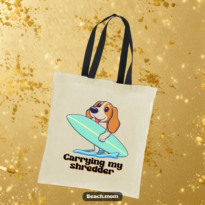Funny Basset Hound tote bag showing an excited dog holding a surfboard, ready for a day of paddling and surfing.