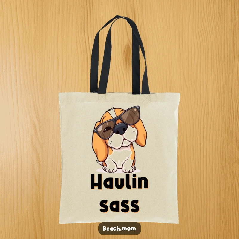 Funny Basset Hound tote bag featuring a winking dog sporting cool sunglasses tilted on its nose, exuding charm.