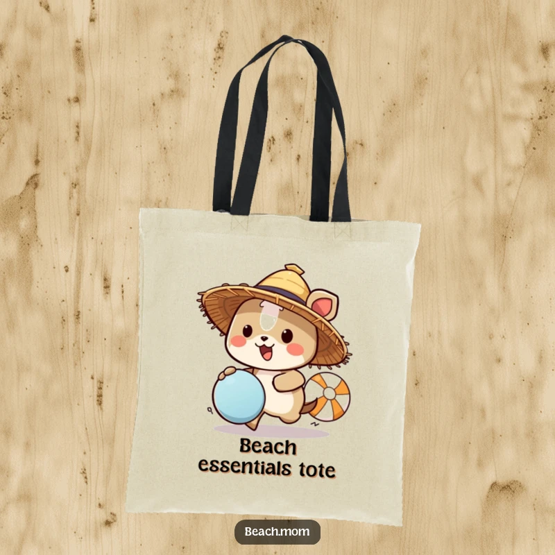 Funny animal character in a straw hat chasing a beach ball, illustrated on a tote bag, a stylish and humorous beach accessory.