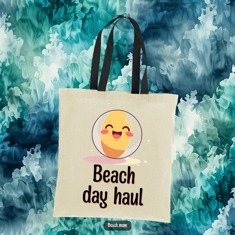Funny Beach Ball Tote Bag: A smiling beach ball joyfully bounces on sand, ready to carry your items with summer cheer.