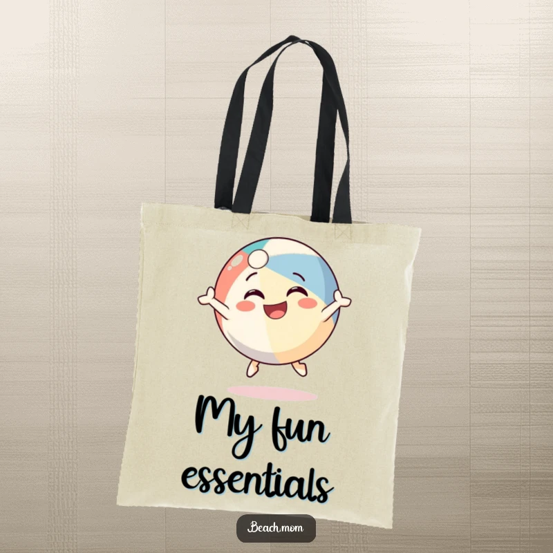 Funny beach ball character tote bag, illustrated mid-bounce with a cheerful grin, ideal for summer outings and gifts.