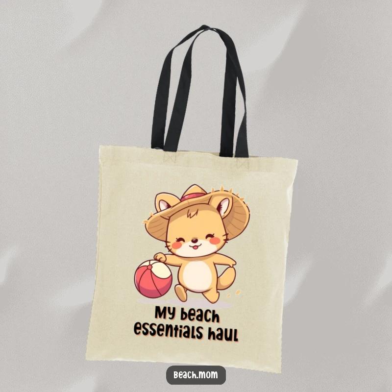 Funny tote bag showing an animal wearing a straw hat running excitedly after a bright beach ball.
