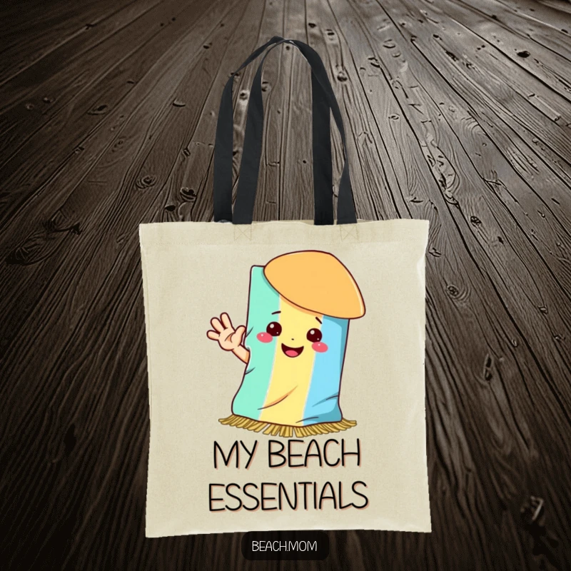 Funny tote bag with a happy beach towel smiling and waving hello, perfect for carrying essentials.