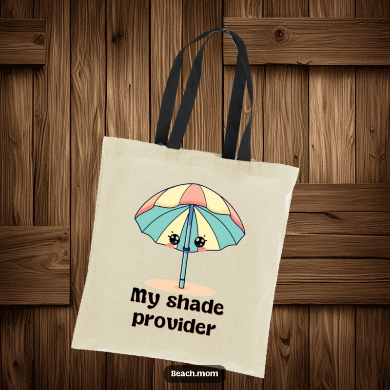 Funny beach umbrella with eyes, wiggling happily, on a durable, stylish tote bag.