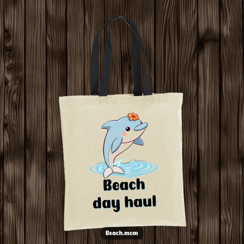 Funny dolphin wearing a lei, jumping out of water, perfect for a humorous and practical tote bag for beach trips.