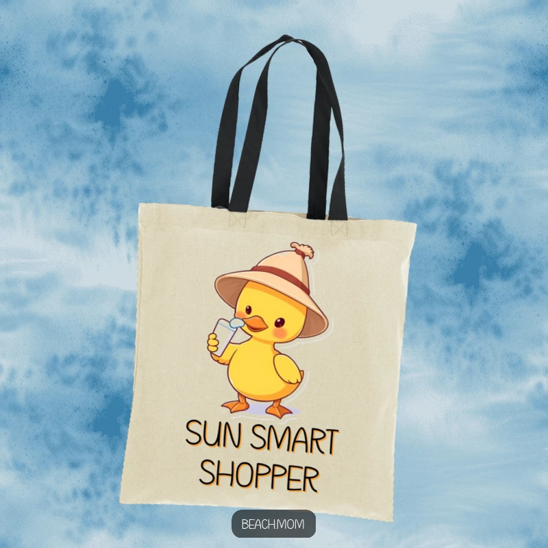 Funny tote bag with a duck in a sun hat applying sunscreen to its nose, a humorous illustration for beachgoers and duck enthusiasts.