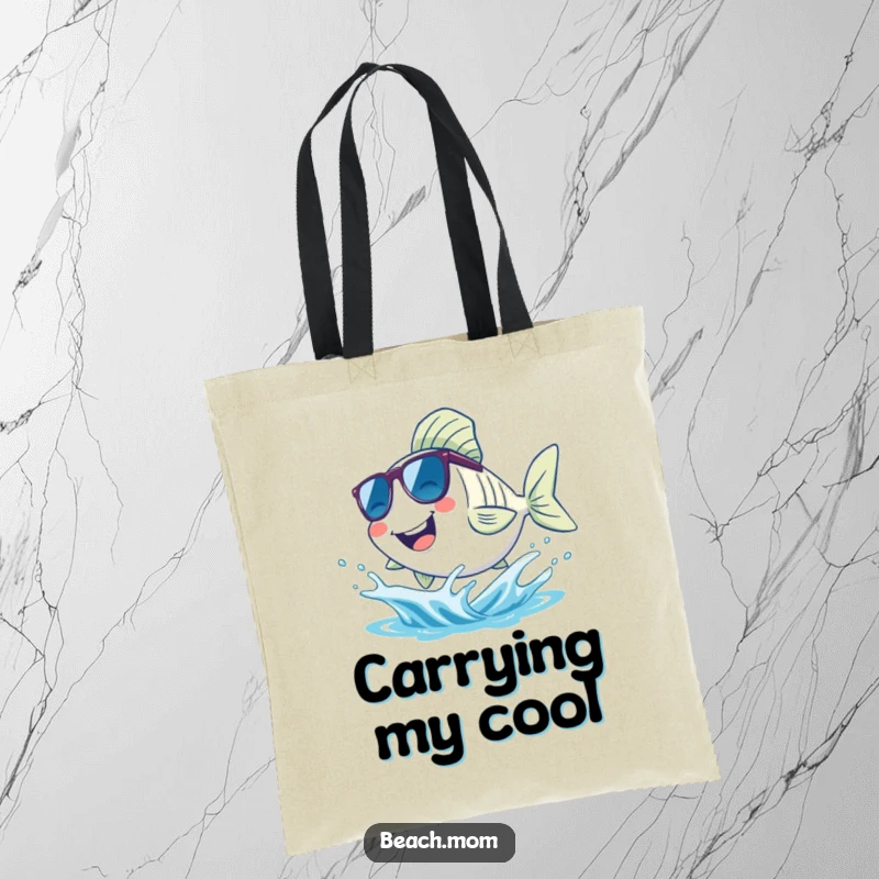 Funny fish tote bag, featuring a smiling fish in sunglasses splashing in a wave, great for beach essentials and humor.
