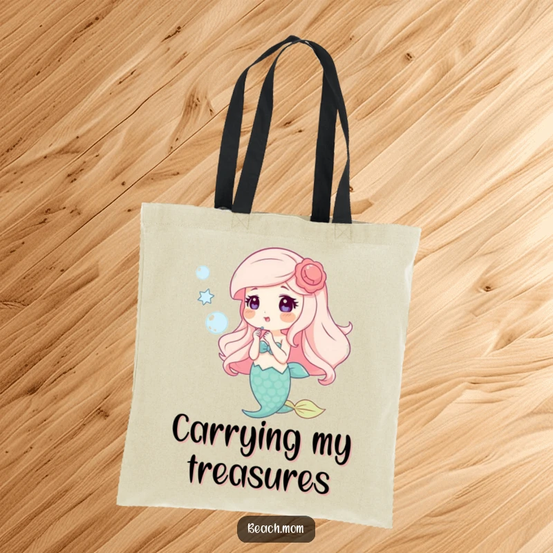 Funny tote bag featuring a happy mermaid with shell accessories blowing bubbles, perfect for shopping and daily use.
