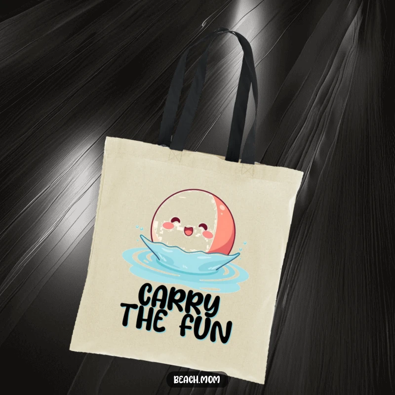 Funny Kawaii Beach Ball Tote Bag showing a cheerful beach ball character joyfully bouncing on water, perfect for carrying items.