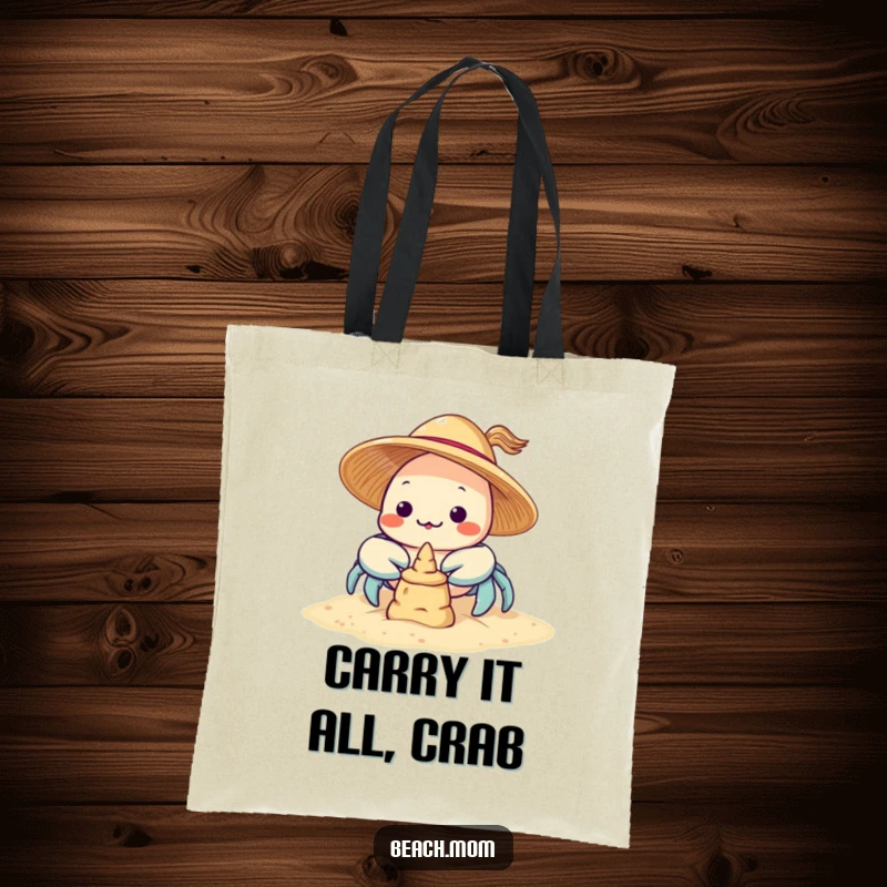 Funny Kawaii Crab Tote Bag showcasing a cute crab with a sun hat aiming to build a sandcastle, great for shopping.
