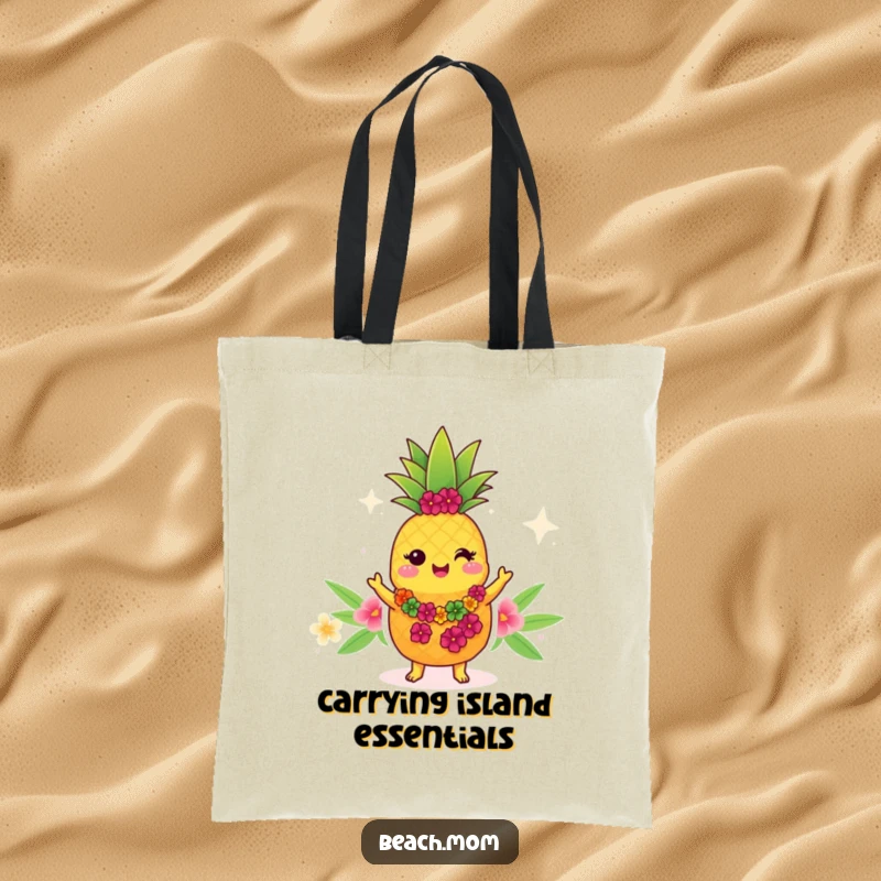 Funny Kawaii pineapple tote bag, cute cartoon pineapple with a lei, doing a hula dance, tropical shopping bag.