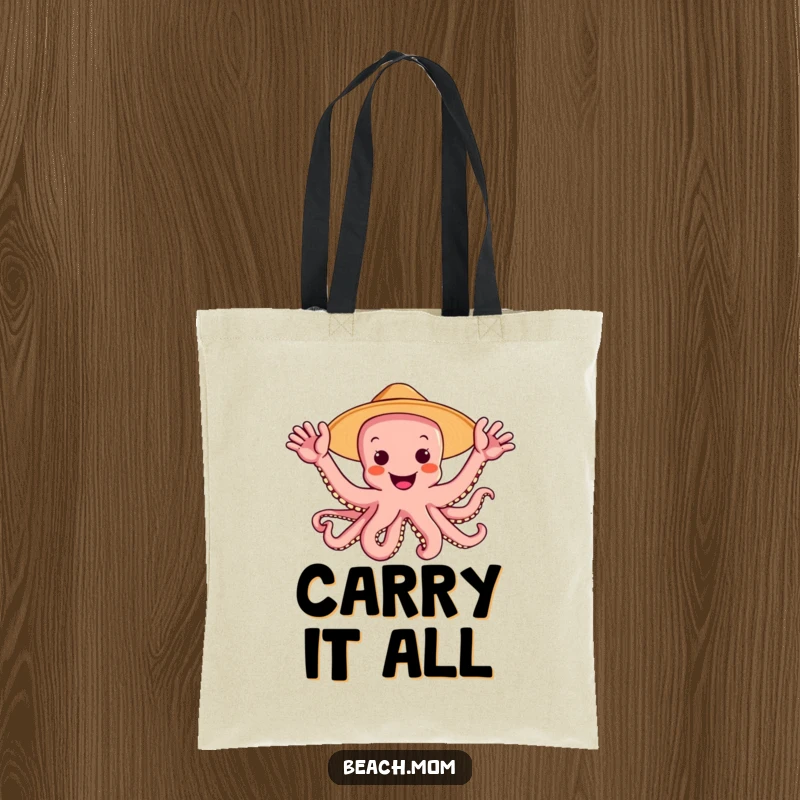 Funny octopus wearing a sun hat is waving multiple arms joyfully, printed on a durable tote bag, embodying cheerful greetings.