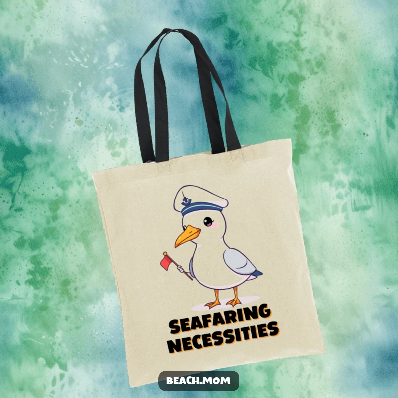 Funny gull in a sailor hat with a flag, perfect for a humorous and practical tote bag for nautical enthusiasts.