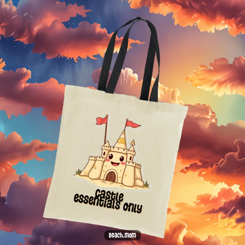Funny tote bag showcasing a grinning sandcastle with a flag, perfect for beach trips and everyday use.