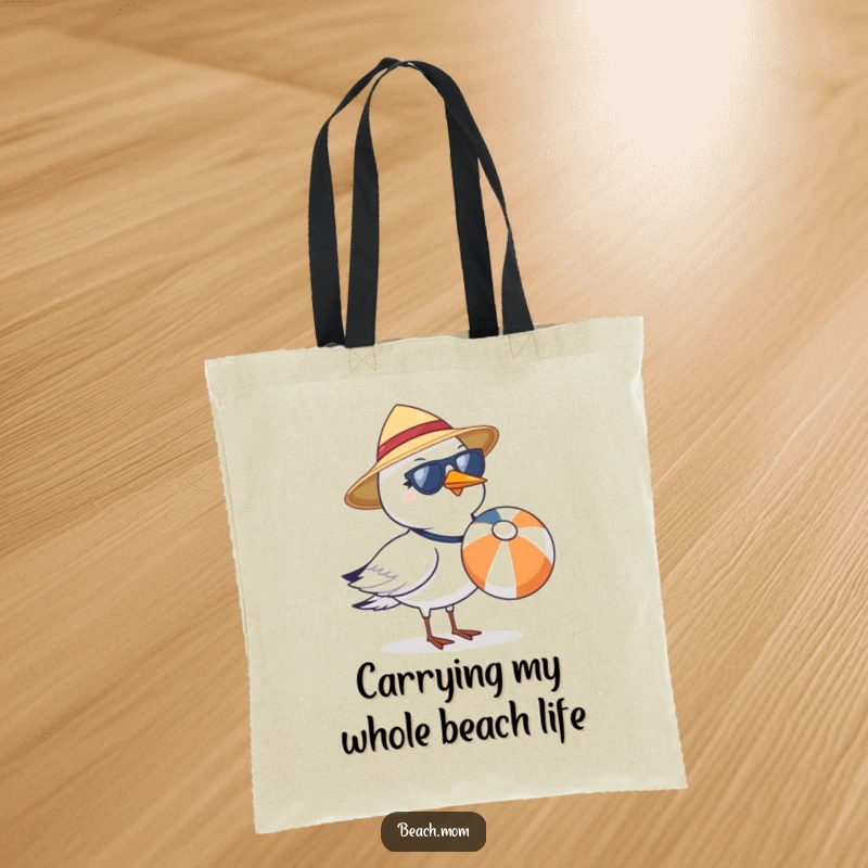 Funny seagull with sun hat and sunglasses, holding a beach ball, on a durable tote bag.