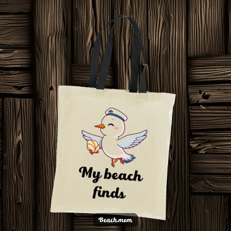 Funny tote bag with a giggling seagull wearing a sailor cap, flying with a seashell, great for beach essentials.