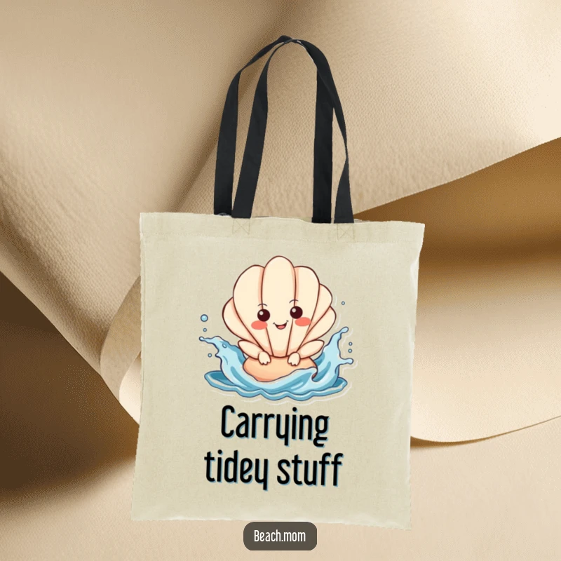 Funny Seashell Tote Bag showing a happy seashell character gleefully splashing in playful ocean waves, perfect for beach days.
