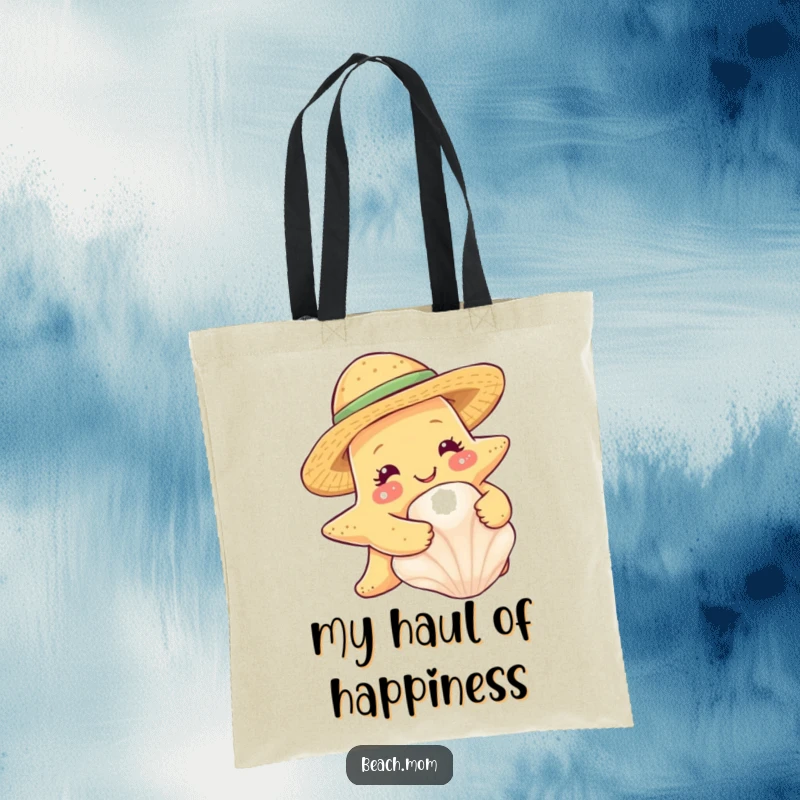 Funny smiling starfish in a straw hat, hugging a seashell, on a sturdy tote bag.