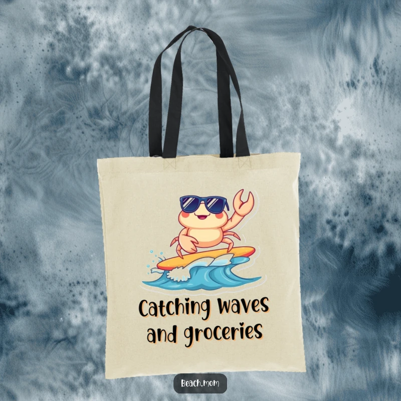 Funny surfing crab tote bag with a cool crab in sunglasses riding a wave, perfect for beach essentials, a stylish and humorous accessory.