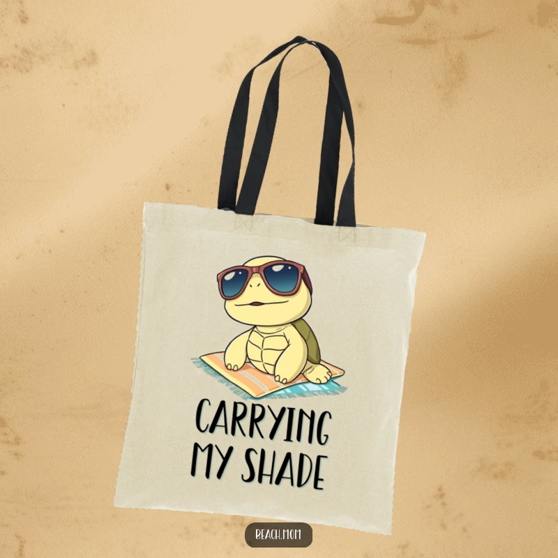 Funny turtle wearing sunglasses, sunbathing on a towel, printed on a durable tote bag, embodying a carefree and humorous spirit.