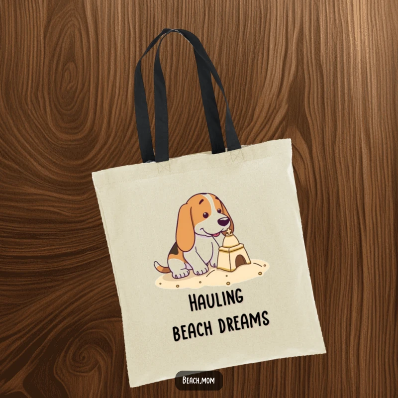 Funny Basset Hound tote bag showing a determined dog focused on building a tiny, detailed sandcastle.