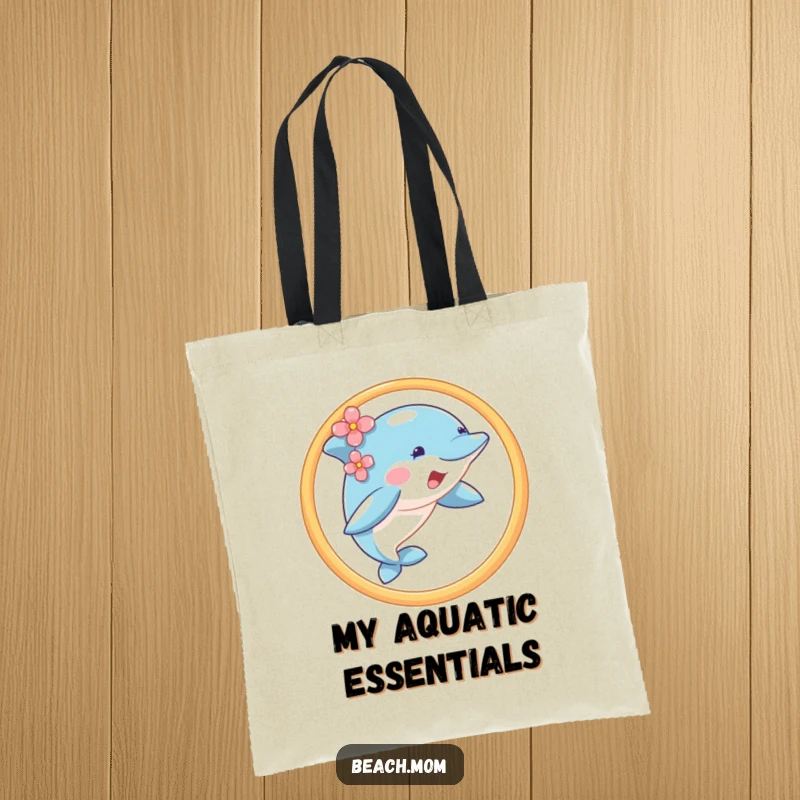 Funny happy dolphin with a flower, jumping through a hoop, on a durable tote bag.