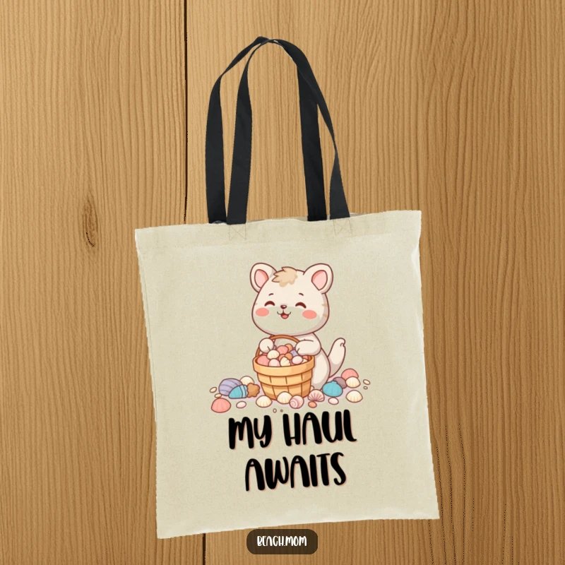 Funny animal character with a full bucket of seashells, smiling contentedly, ideal for a stylish tote bag.