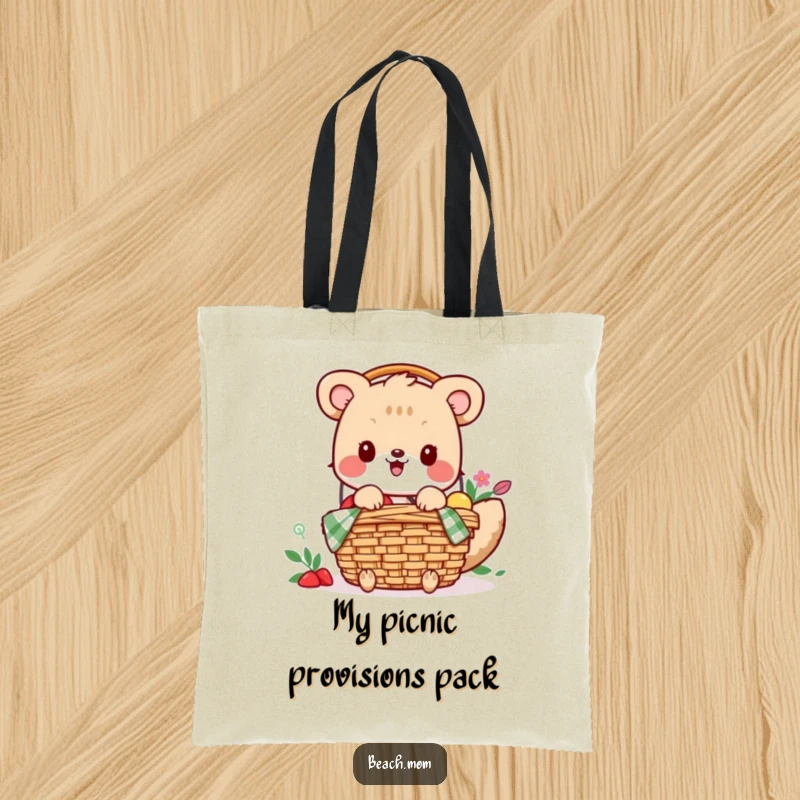 Funny tote bag: An excited animal character is enthusiastically packing a picnic basket, ready for a delicious outdoor adventure.