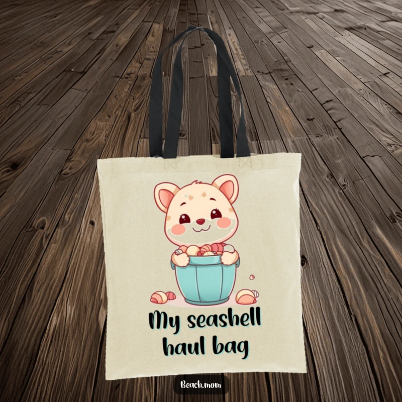 Funny tote bag: A smiling animal character holds a bucket overflowing with seashells, ready to carry your treasures.