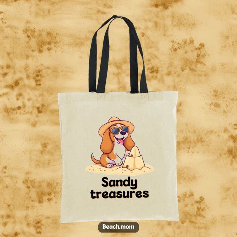 Funny Basset Hound Beach Tote Bag: A happy Basset hound builds a sandcastle, sporting beach accessories, a fun and practical funny gift.