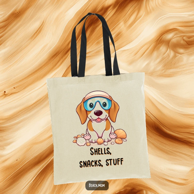 Funny Basset Hound tote bag with a dog wearing a visor, happily collecting seashells, ready for beachcombing adventures.